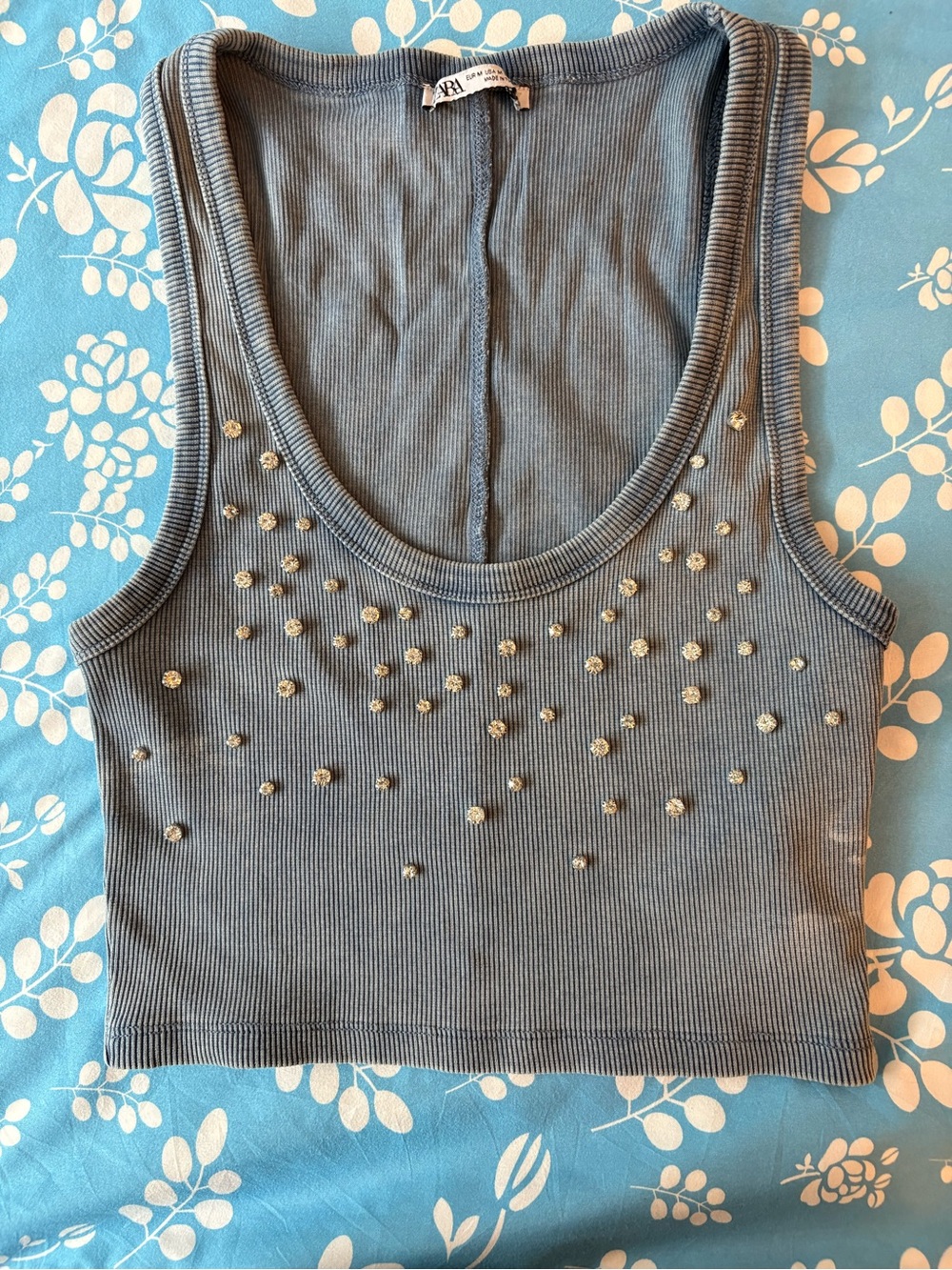 Zara Blue Ribbed Rhinestone Crop Tank - Picture 2 of 7